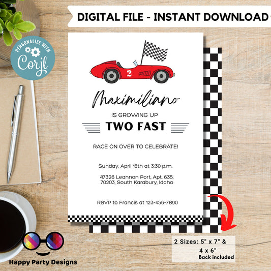 Growing Two fast Birthday Invitations | racing cars party | Red race car Invitation | 2nd birthday party  |  Edit Yourself