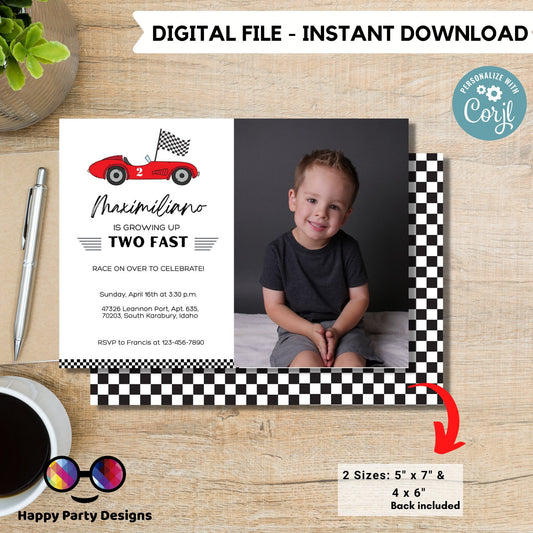 Growing Two fast Birthday Invitations with picture | racing cars party | Red race car Invitation | 2nd birthday party  |  Edit Yourself