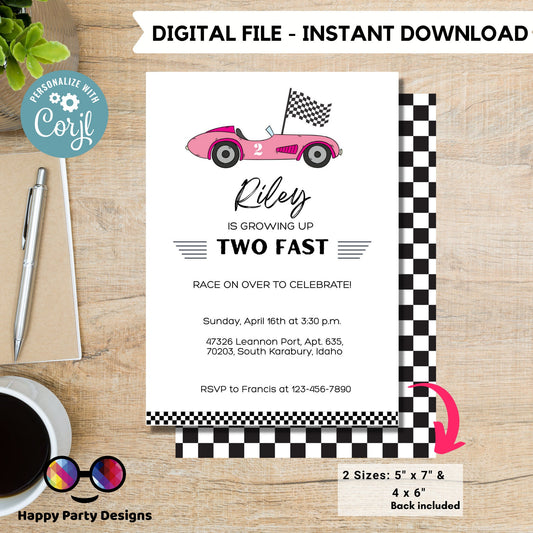 Growing Two fast Birthday Invitation | racing car party | Pink race car Invitation | 2nd birthday party | girl birthday |  Edit Yourself