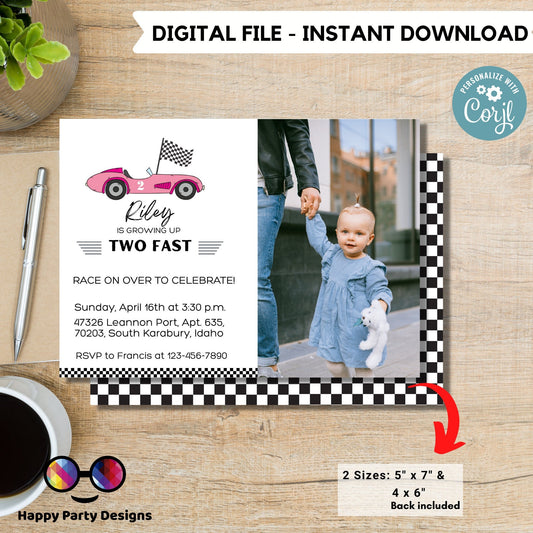 Growing Two fast Birthday Invitations with picture | racing cars party | Pink race car Invitation | 2nd birthday party  |  Edit Yourself