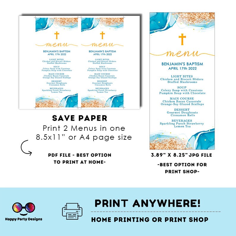 Blue Watercolor Baptism Menu Template | Gold Christening Baptism |  Boy | Christening | Instant Download | Minimalist