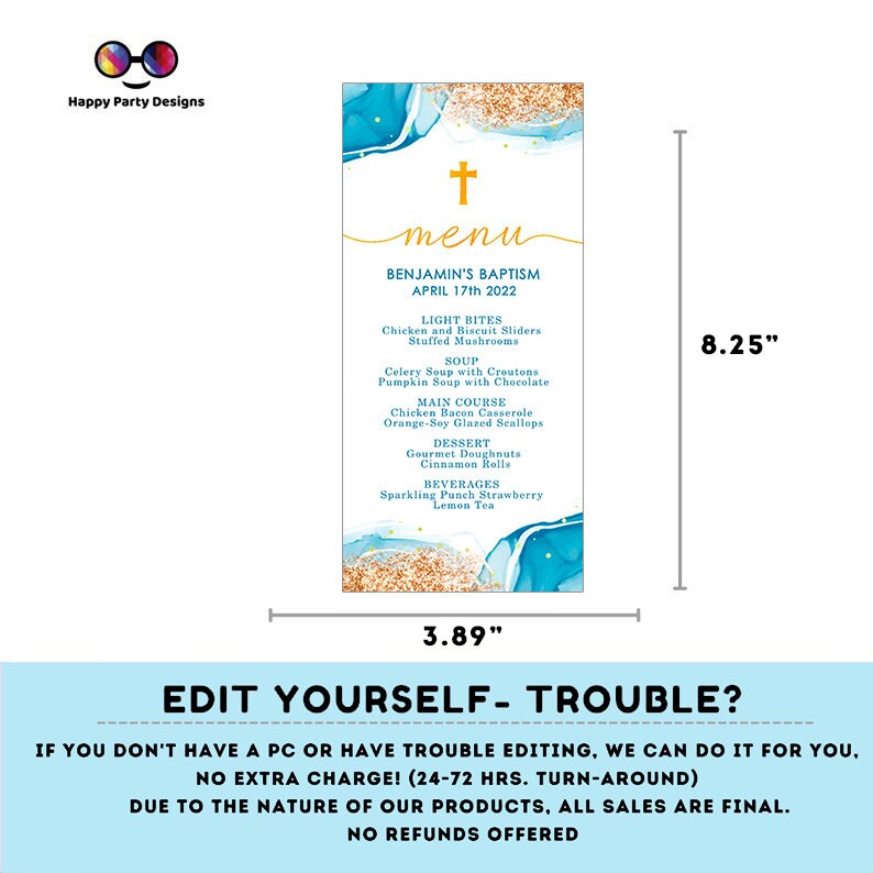 Blue Watercolor Baptism Menu Template | Gold Christening Baptism |  Boy | Christening | Instant Download | Minimalist