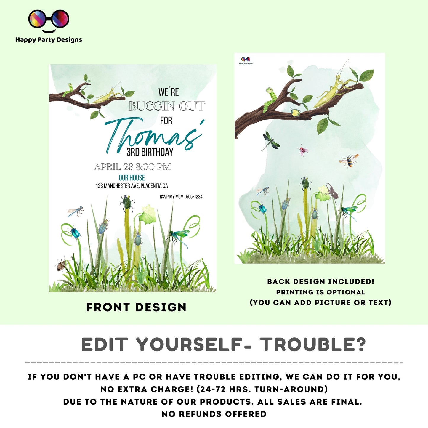 Editable Bug Birthday Invitation Insect Party Bugging Outdoor bug Hunt Bugs Boy Download Printable Invitation Template Digital Corjl