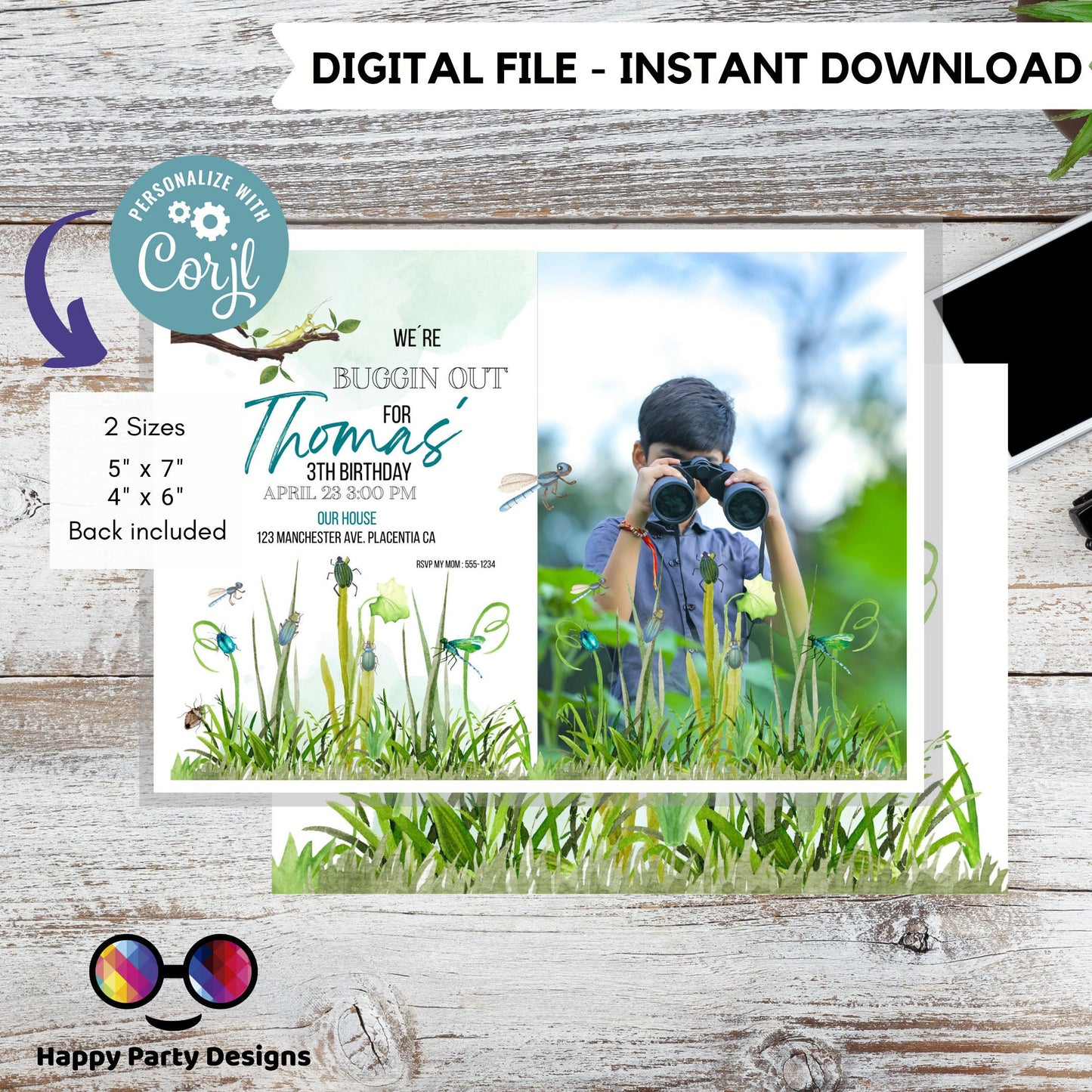 Editable Bug Birthday Photo Invitation Insect Party Bugging Outdoor bug Hunt Bugs Boy Download Printable Invitation Template Digital Corjl