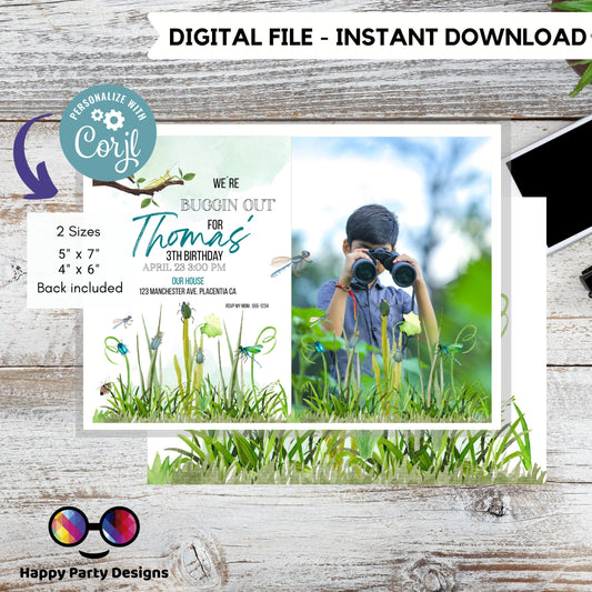 Editable Bug Birthday Photo Invitation Insect Party Bugging Outdoor bug Hunt Bugs Boy Download Printable Invitation Template Digital Corjl