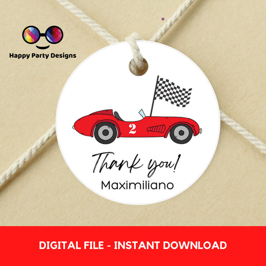 Editable Racing car round tag | Red car thank you tag | Cars Birthday Party Themed  | Round Stickers | Two fast Birthday Party