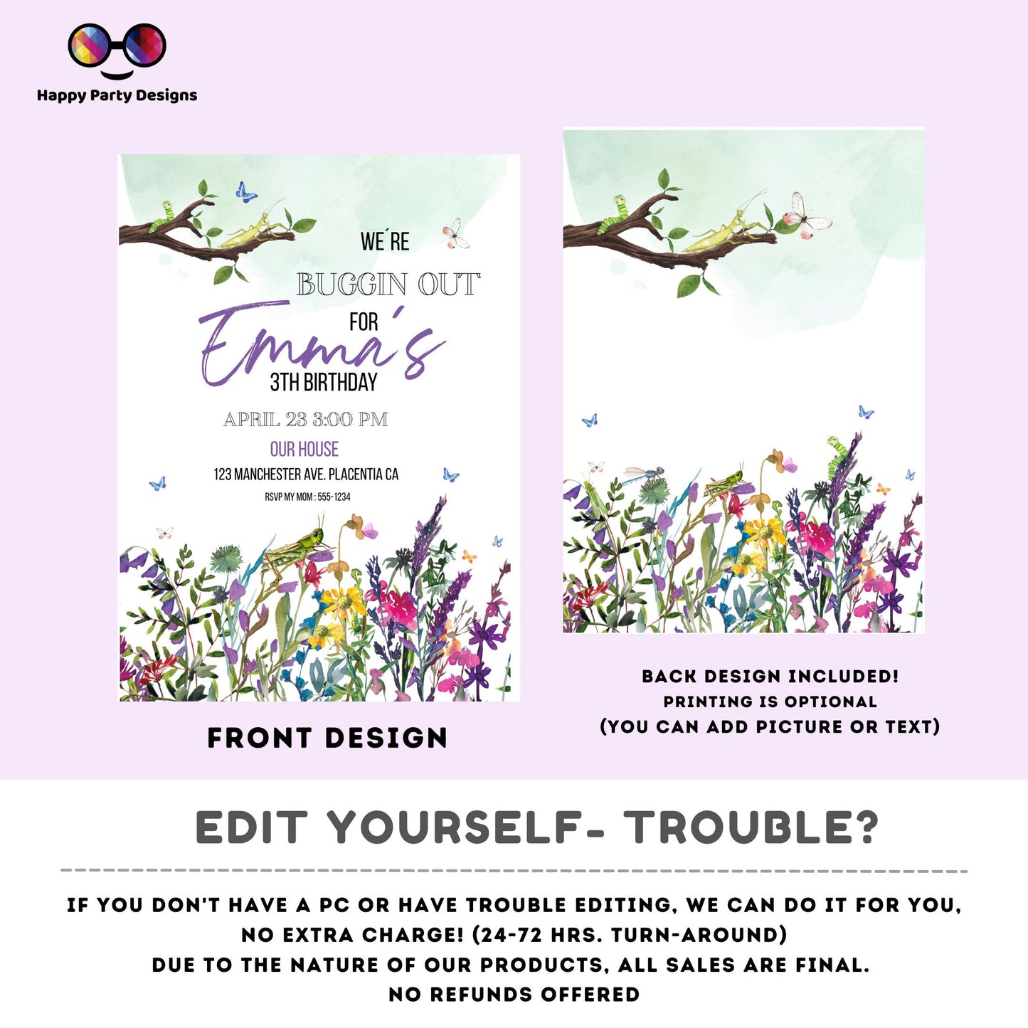 Editable Bug Birthday Girl Invitation Insect Party Bugging Outdoor bug Hunt Bugs Download Printable Invitation Template Digital Corjl