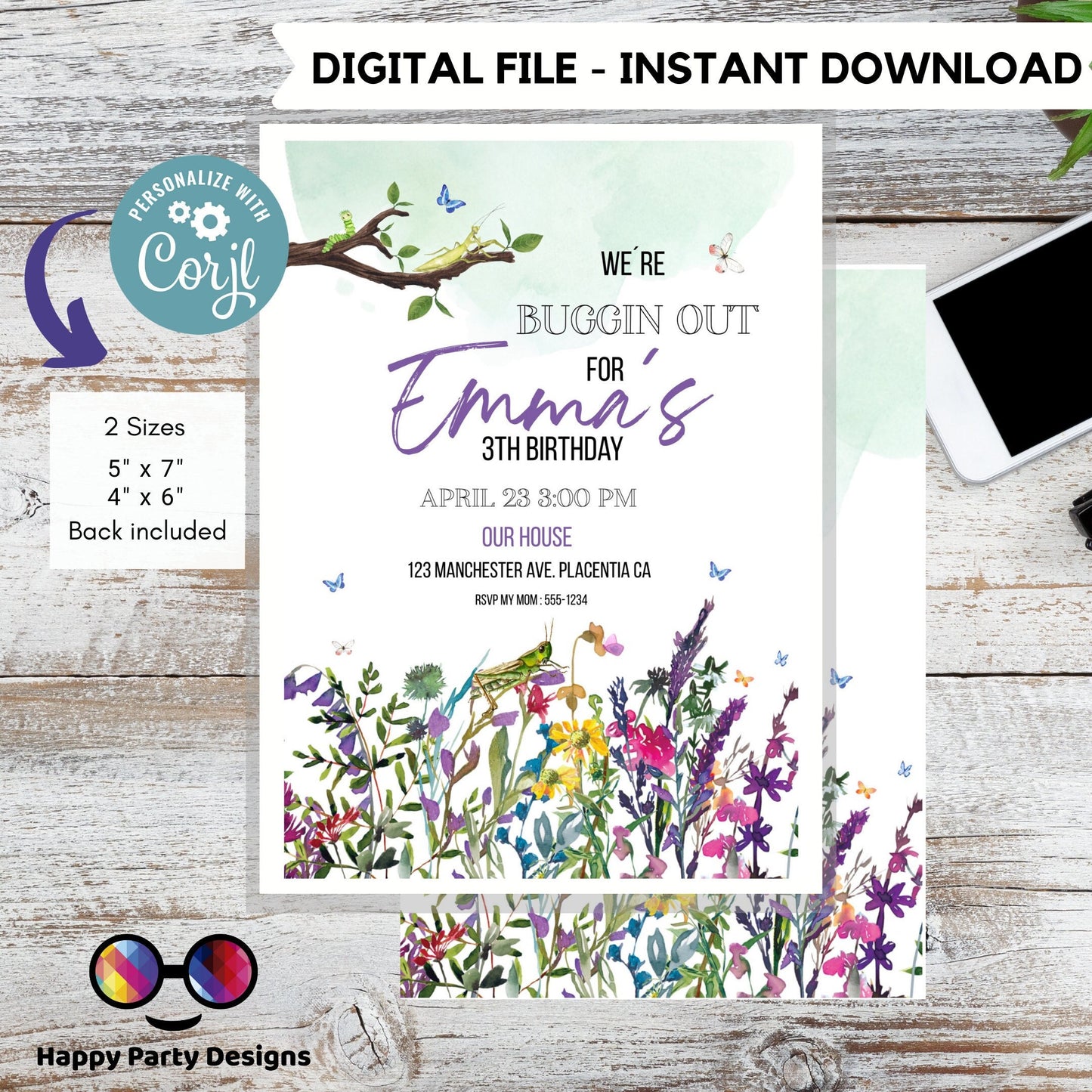 Editable Bug Birthday Girl Invitation Insect Party Bugging Outdoor bug Hunt Bugs Download Printable Invitation Template Digital Corjl