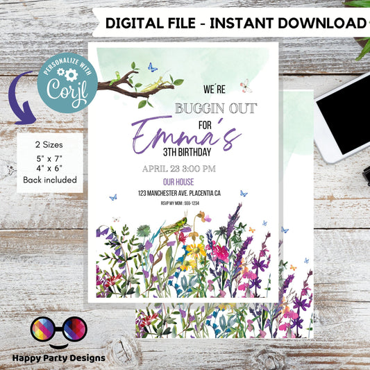 Editable Bug Birthday Girl Invitation Insect Party Bugging Outdoor bug Hunt Bugs Download Printable Invitation Template Digital Corjl