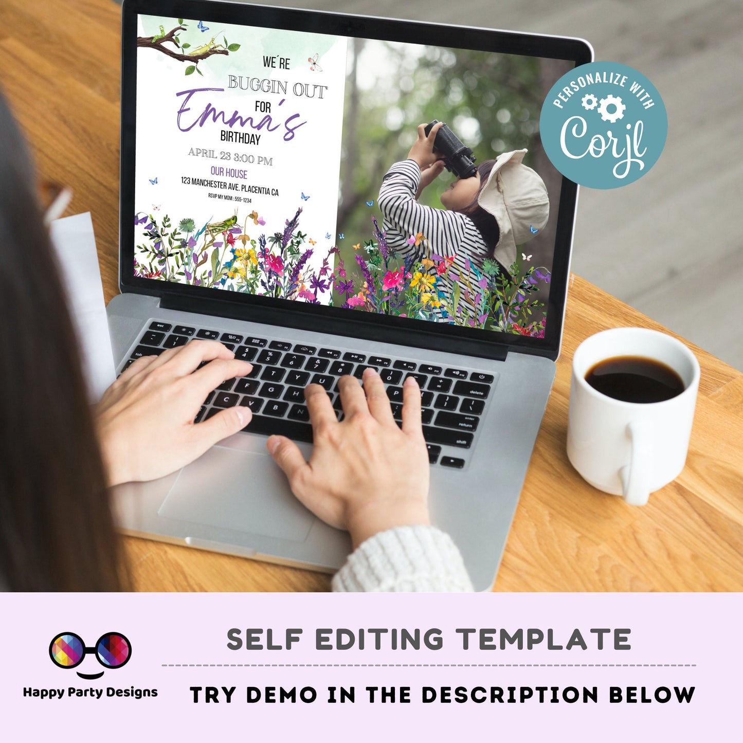 Editable Bug Birthday Photo Invitation Insect Party Bugging Outdoor bug Hunt Bugs Girl Download Printable Invitation Template Digital Corjl