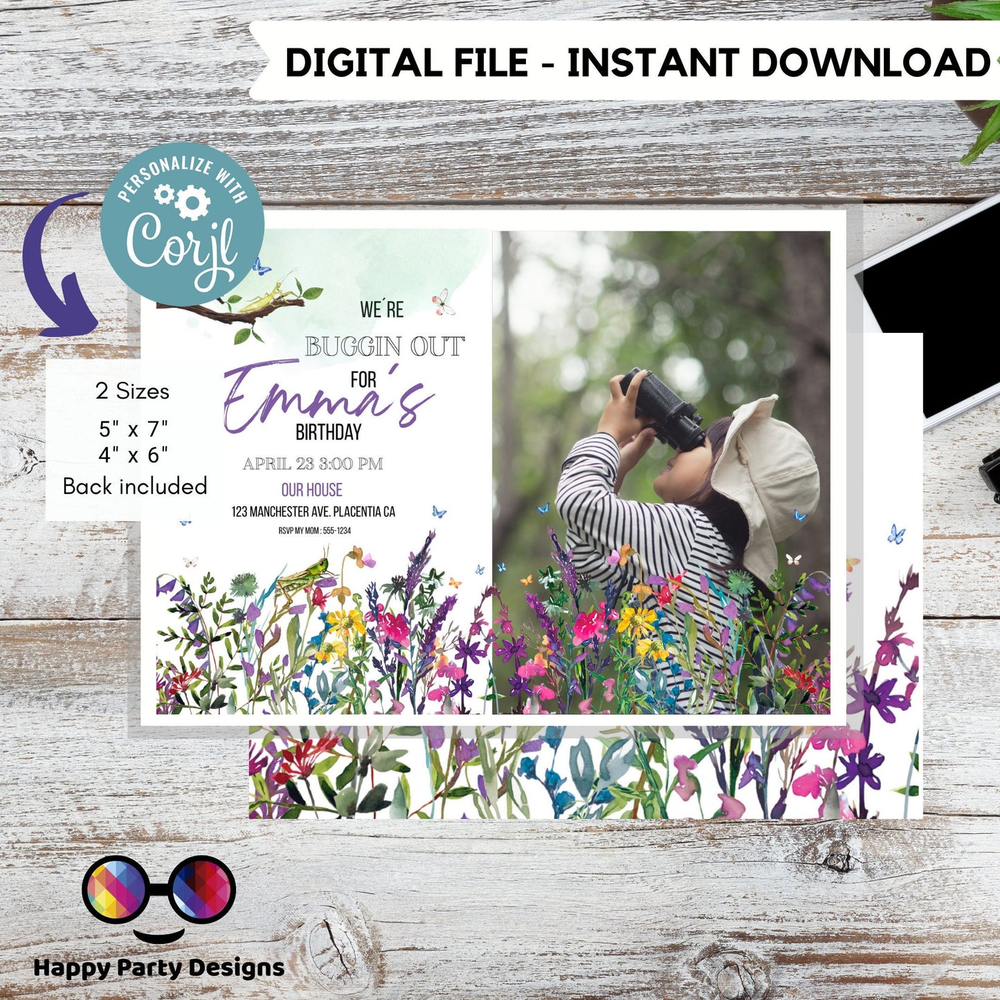 Editable Bug Birthday Photo Invitation Insect Party Bugging Outdoor bug Hunt Bugs Girl Download Printable Invitation Template Digital Corjl