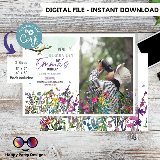 Editable Bug Birthday Photo Invitation Insect Party Bugging Outdoor bug Hunt Bugs Girl Download Printable Invitation Template Digital Corjl