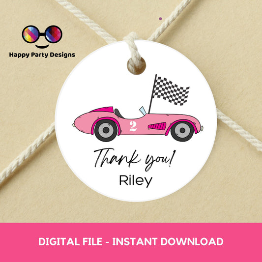 Editable Racing car round tag | Pink car thank you tag | Cars Birthday Party Themed  | Round Stickers | Two fast Birthday Party