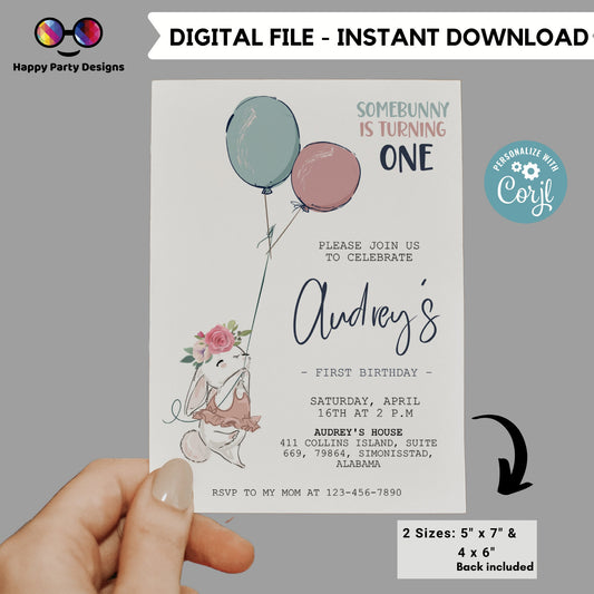 Bunny First Birthday Invite | Some Bunny is turning One Birthday Invitation | Easter Girl Bday Invite | Any Age | EDITABLE ON LINE
