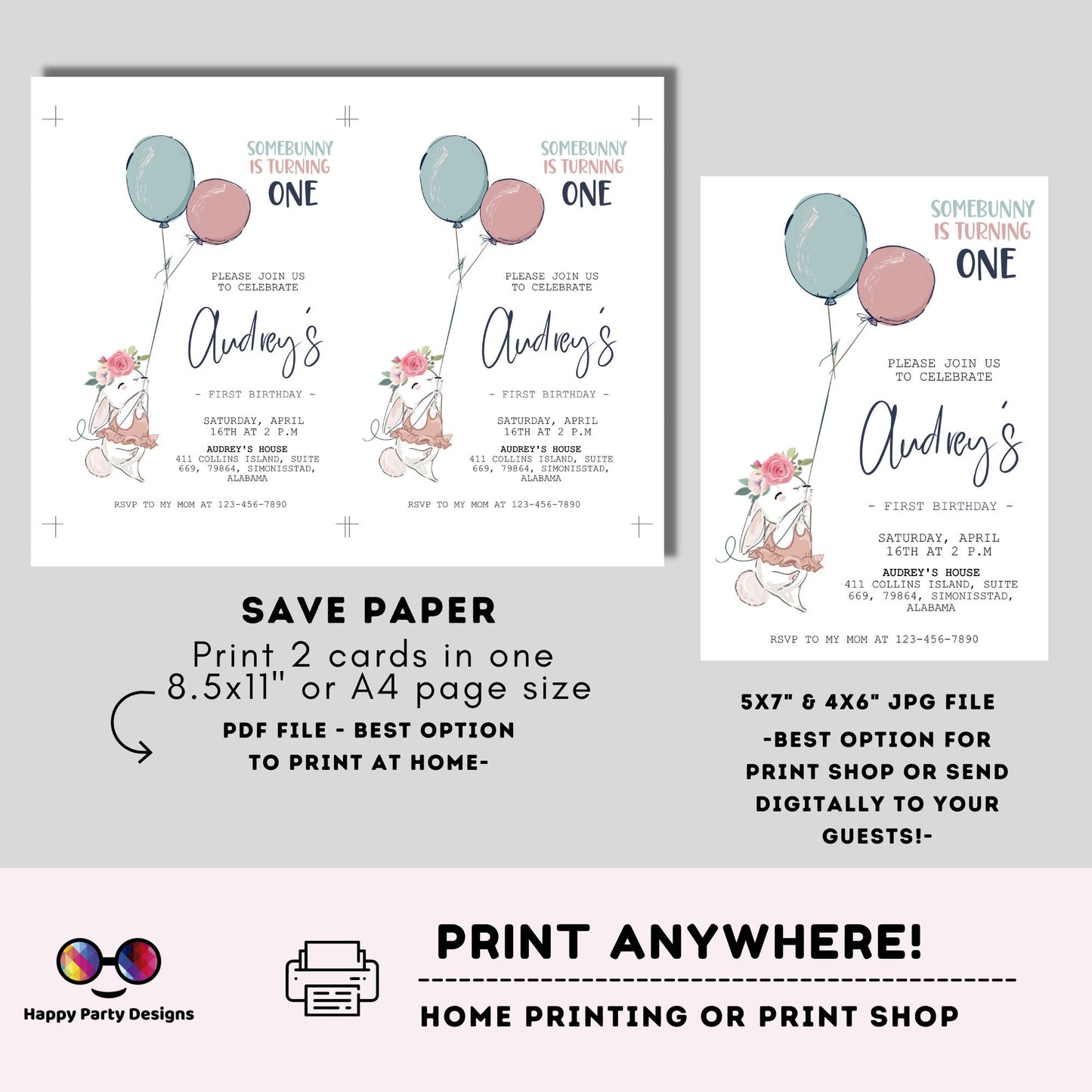 Bunny First Birthday Invite | Some Bunny is turning One Birthday Invitation | Easter Girl Bday Invite | Any Age | EDITABLE ON LINE
