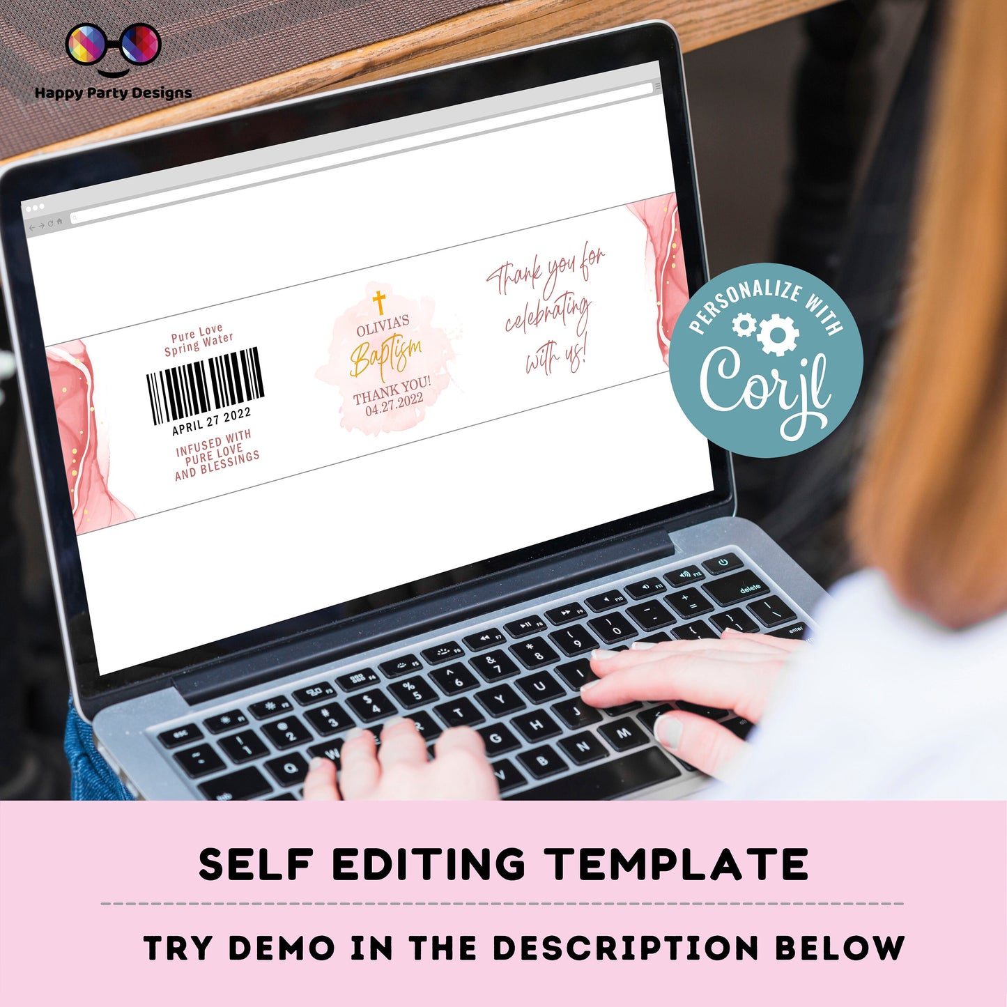 Editable Baptism water bottle labels | printable labels |  pink and gold watercolor labels | Christening |  bottle labels  | girl baptism