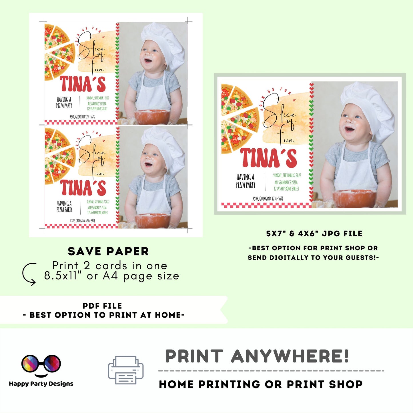 Editable Pizza Party photo invitation | Digital pizza party printable invite | Birthday boy | Birthday girl | pizza party  Invitation | #K46