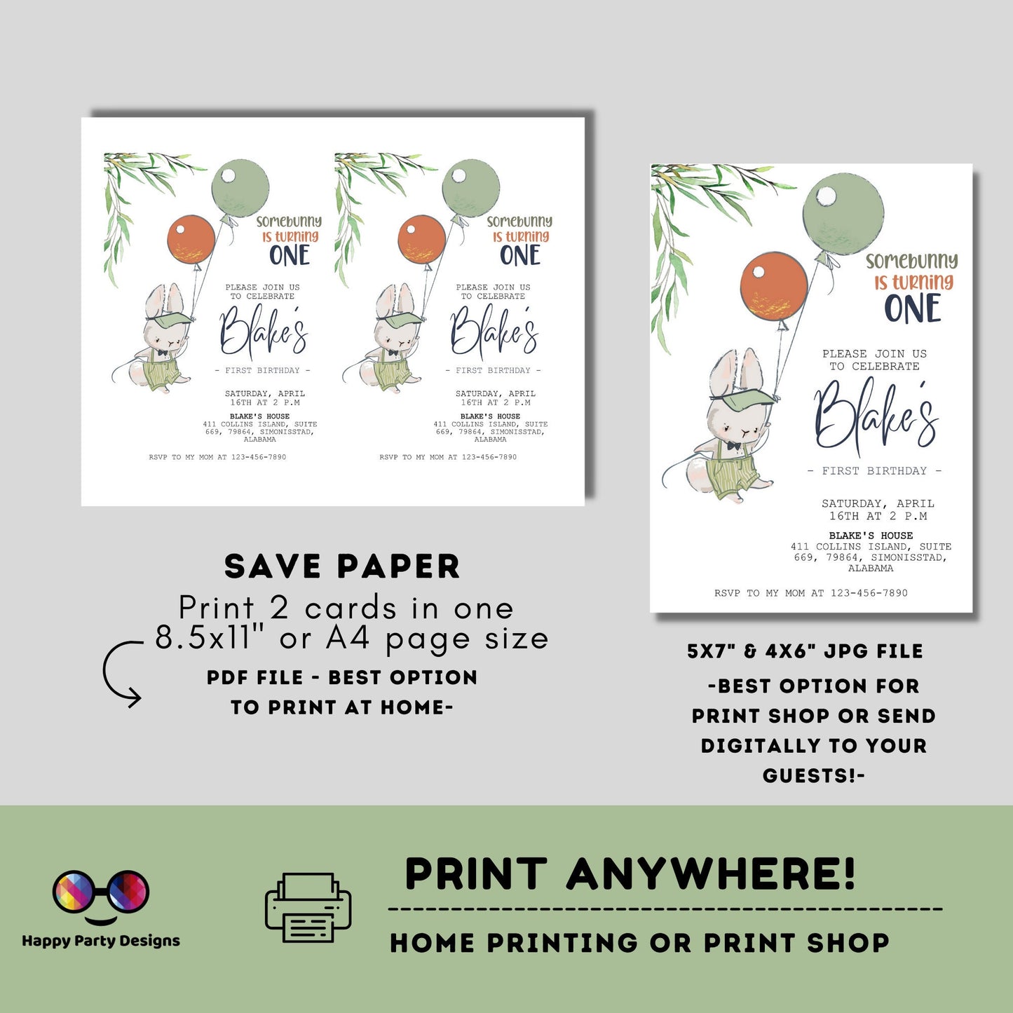 Editable Bunny First Birthday Invite | Some Bunny is turning One Birthday Invitation | Easter Boy Bday Invite | Any Age | EDITABLE ON LINE