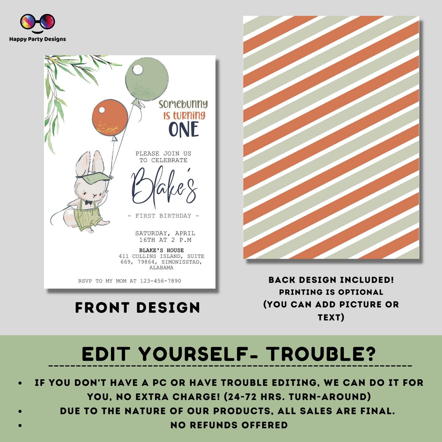 Editable Bunny First Birthday Invite | Some Bunny is turning One Birthday Invitation | Easter Boy Bday Invite | Any Age | EDITABLE ON LINE