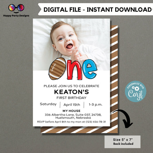 Football First Birthday Invitation | Party Invitation Instant Template | Football Boy Bday Invite | One year | EDITABLE ON LINE