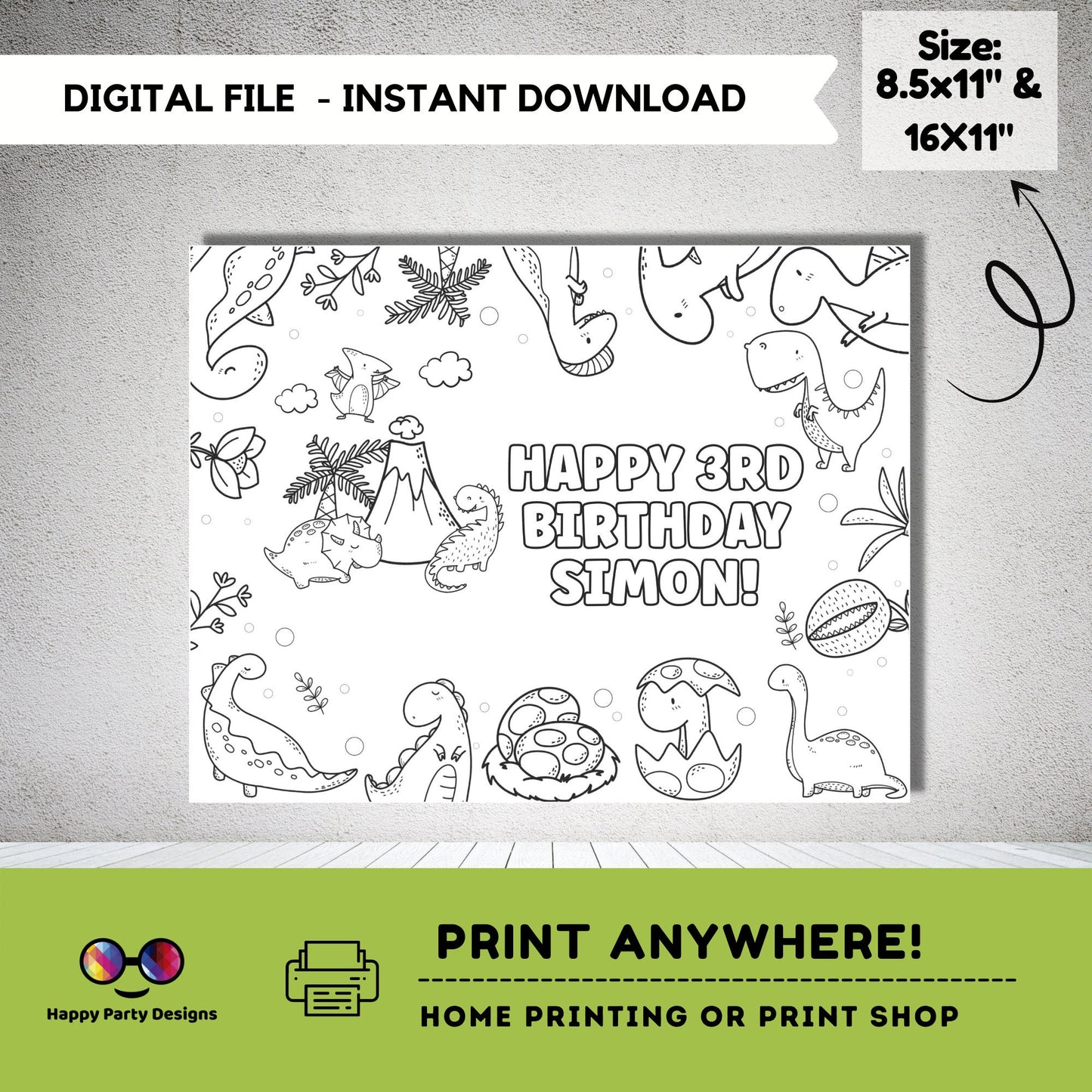Editable Baby Dino coloring page | Placemat coloring page | Any Age | Dinosaur birthday | Dinosaur Party Activity | bag filler