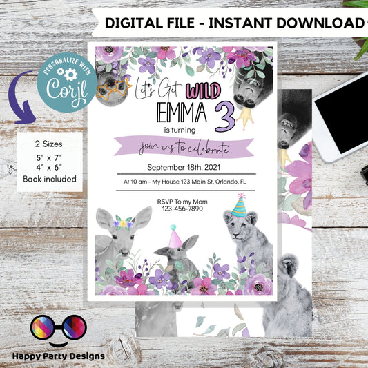 Editable party animals Birthday invitation | Pink Birthday | Wild animals  | invitation zoo safari | digital invitation| Personalize Online