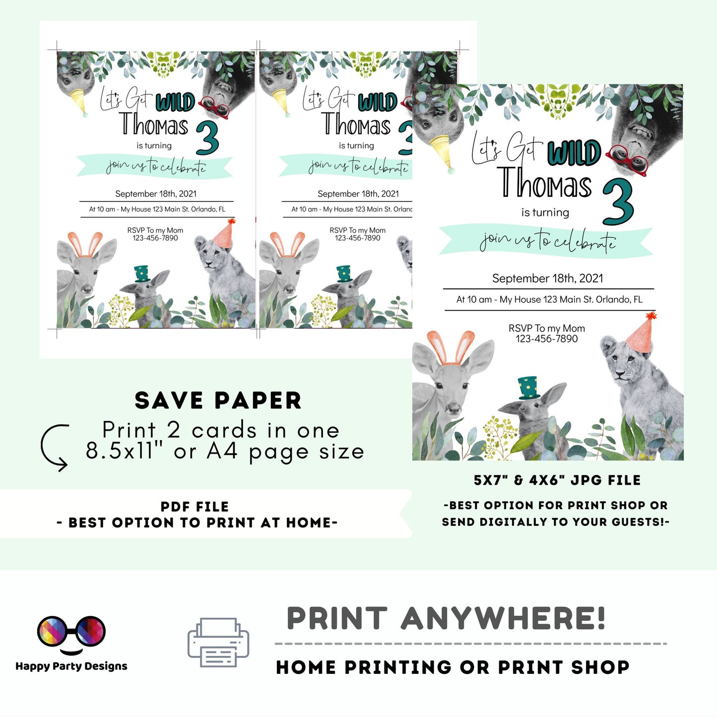 Editable party animals Birthday invitation | Green Birthday | Wild animals  | invitation zoo safari | digital invitation| Personalize Online