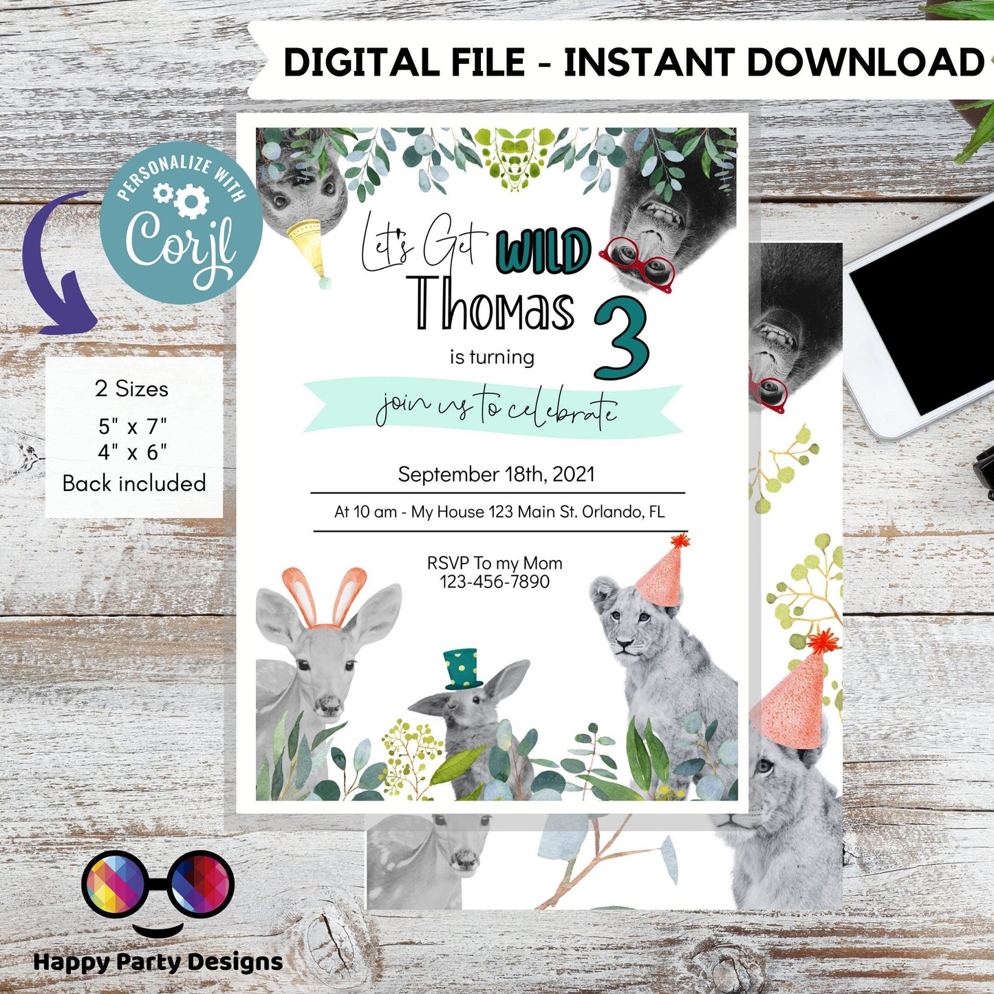 Editable party animals Birthday invitation | Green Birthday | Wild animals  | invitation zoo safari | digital invitation| Personalize Online