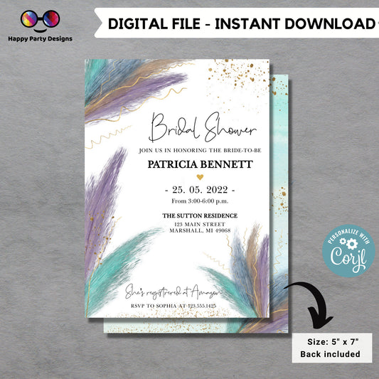 Editable Pampa grass Invitation | Bridal Party Invitation Instant Template | Bachelorette Invite | bohemian | EDITABLE ON LINE
