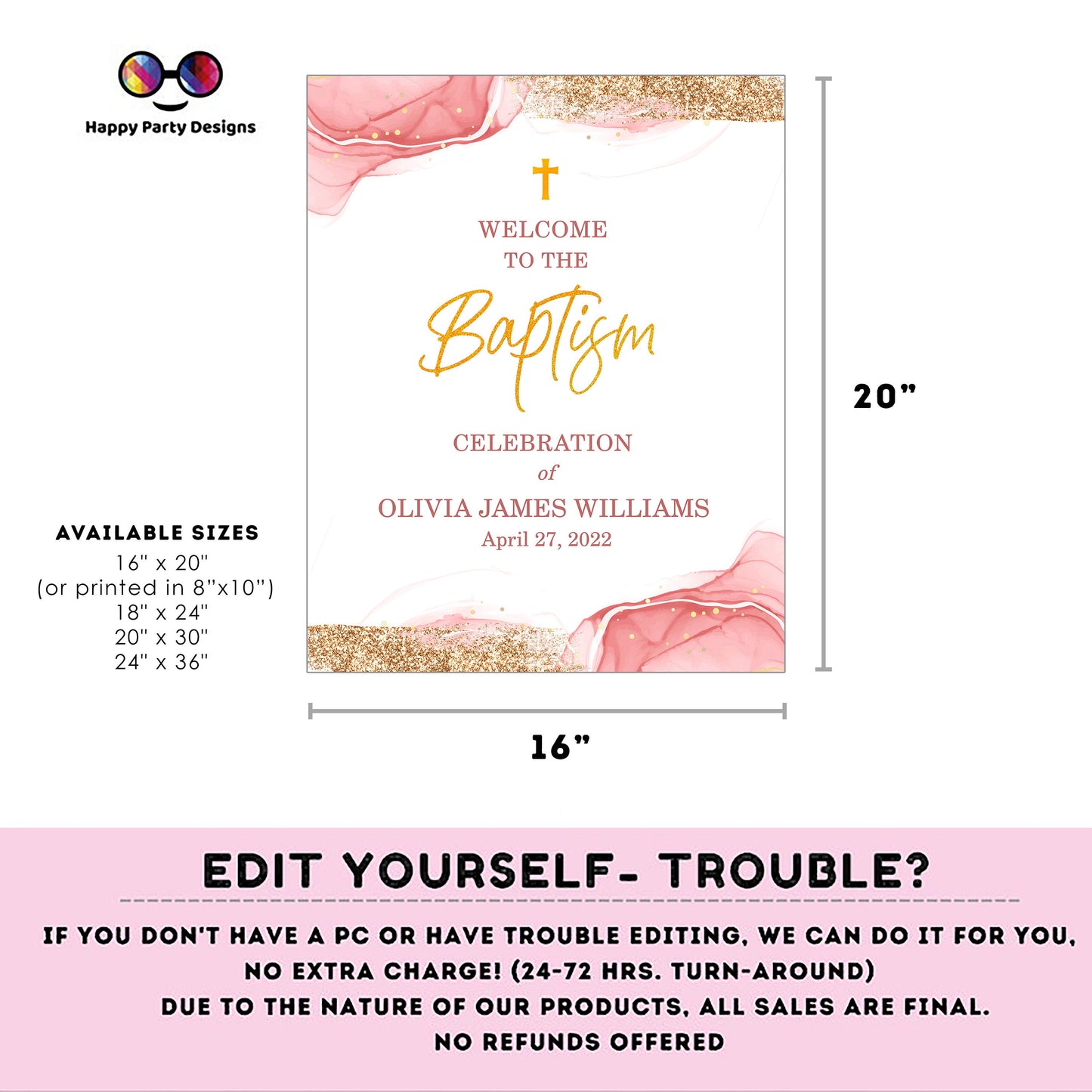 Editable Baptism Welcome Sign | Pink Watercolor | Christening Decorations | Baptism Girl | Christening Welcome Sign | Blush Baptism Sign