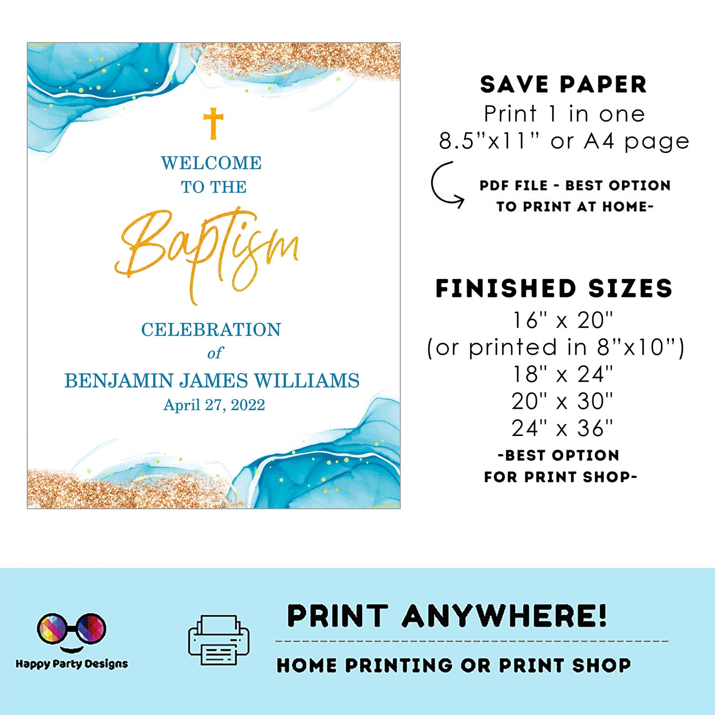 Editable Baptism Welcome Sign | Blue Watercolor | Christening Decorations | Baptism Boy | Christening Welcome Sign | Boy Baptism Sign