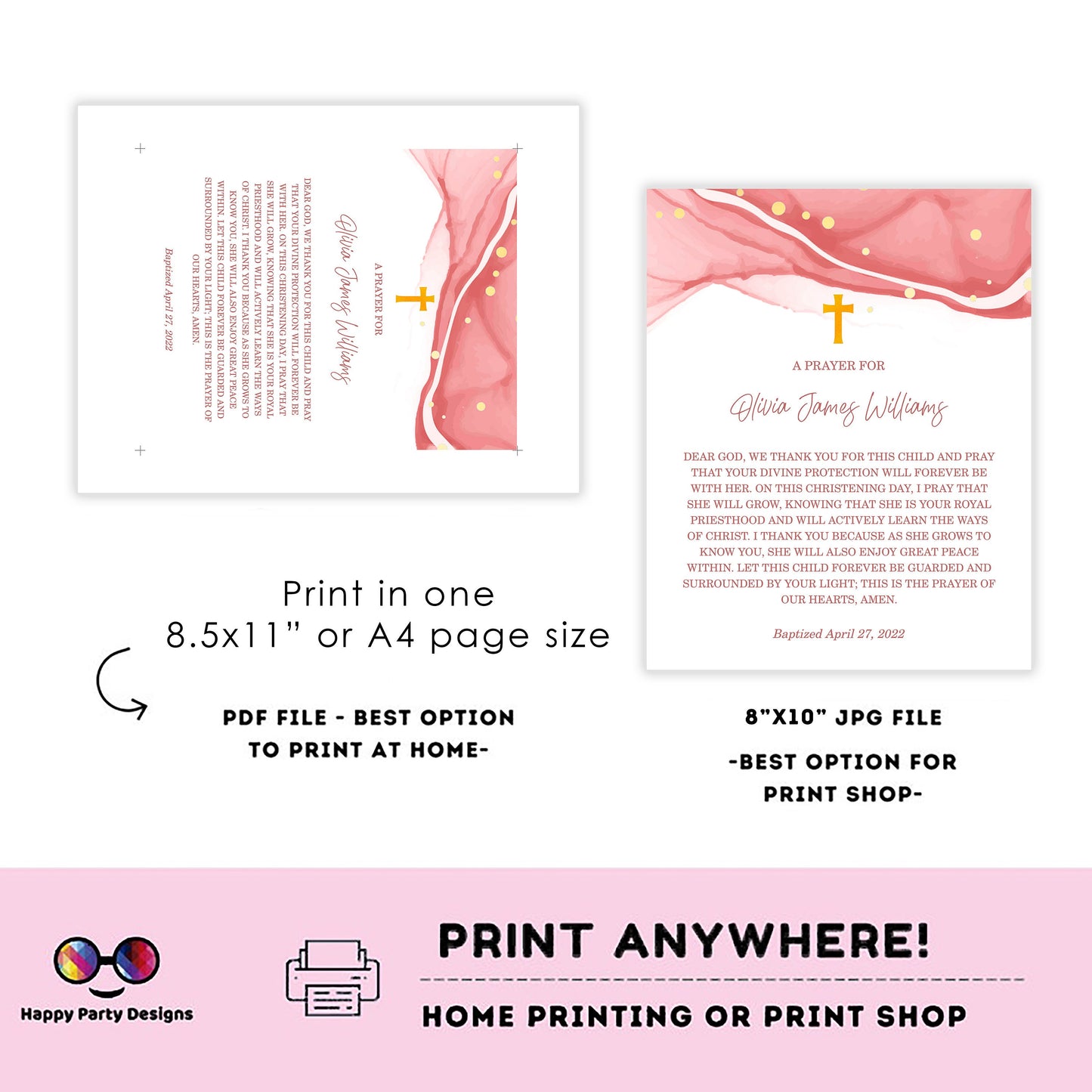 Baptism Prayer Sign Template | Pink and gold Watercolor | Editable Prayer Sign | Baptism Girl | Editable Baptism Gift | Girl Baptism Sign