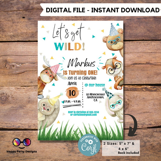 Editable watercolor woodland invitation | Digital Wild one printable invite | Any age! | cute animals Digital | Personalize Online