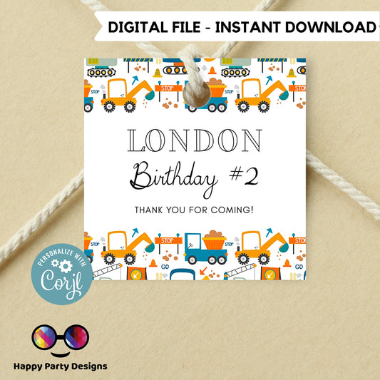 Editable Under construction squared Favor Tags | Trucks favor Tags | squared Gift Tag | Thank You tag | Boy Trucks party | Favor Tags