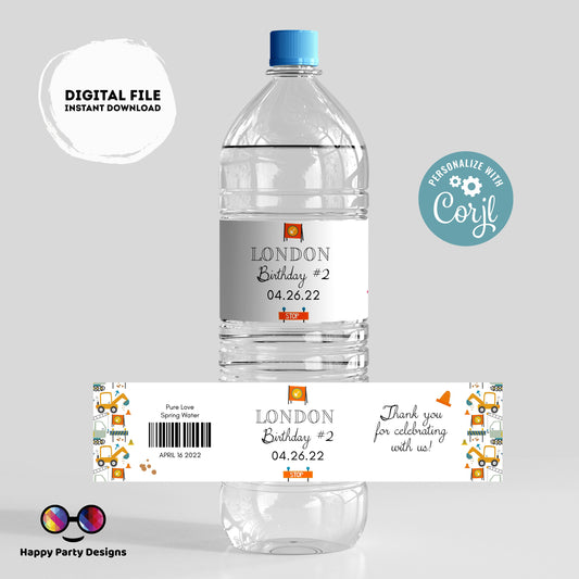 Editable Under construction water bottle labels | printable labels |  Trucks labels | Boy birthday |  bottle labels  | boy truck party