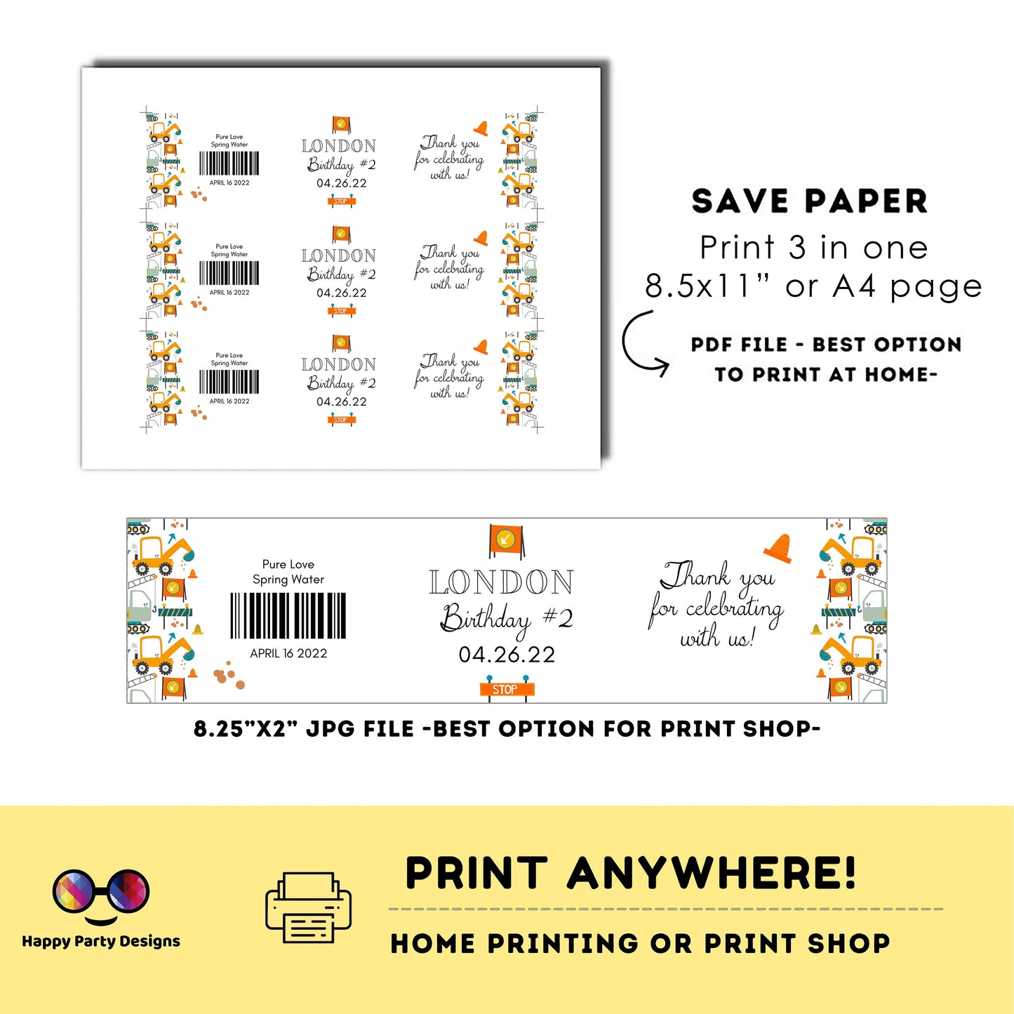 Editable Under construction water bottle labels | printable labels |  Trucks labels | Boy birthday |  bottle labels  | boy truck party