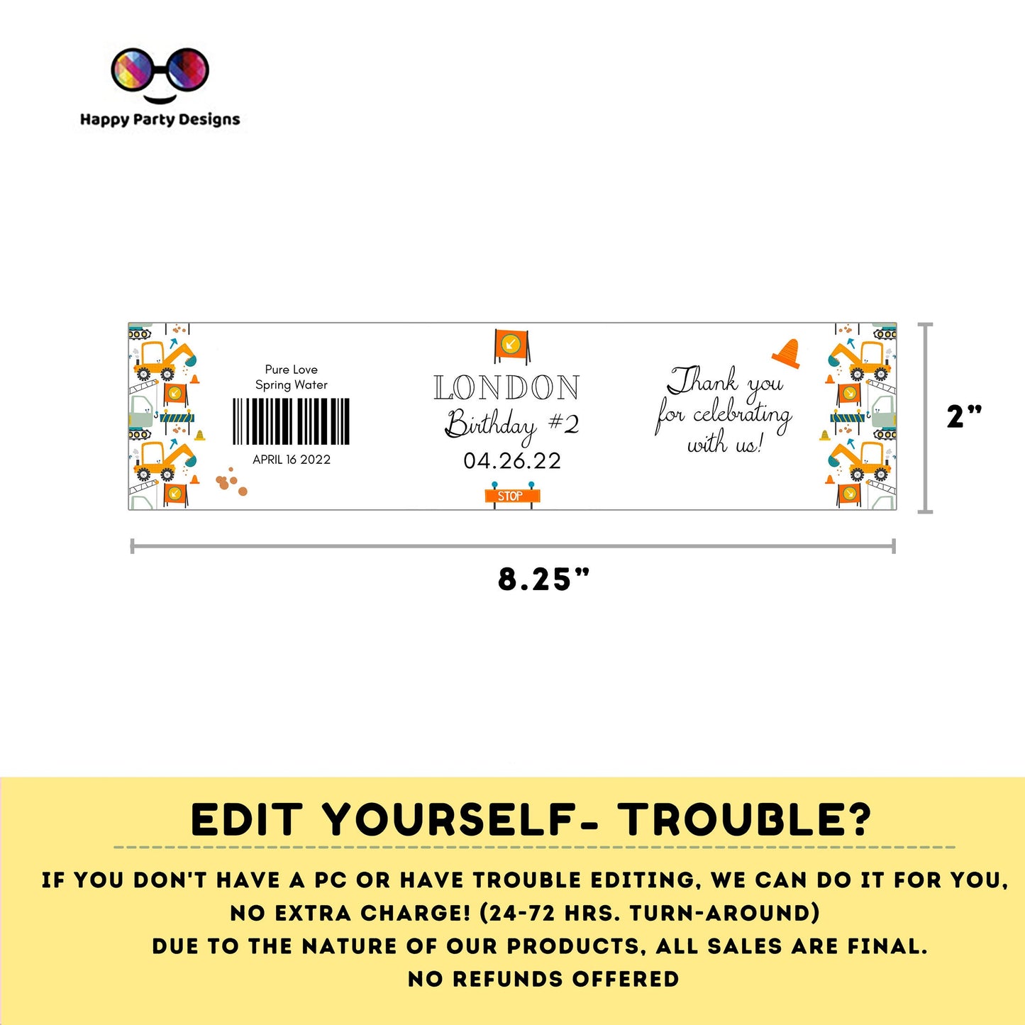 Editable Under construction water bottle labels | printable labels |  Trucks labels | Boy birthday |  bottle labels  | boy truck party