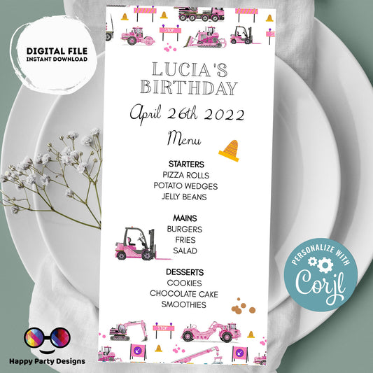 Pink Watercolor Under construction Menu Template | Trucks party | Girl | Construction birthday party | Instant Download