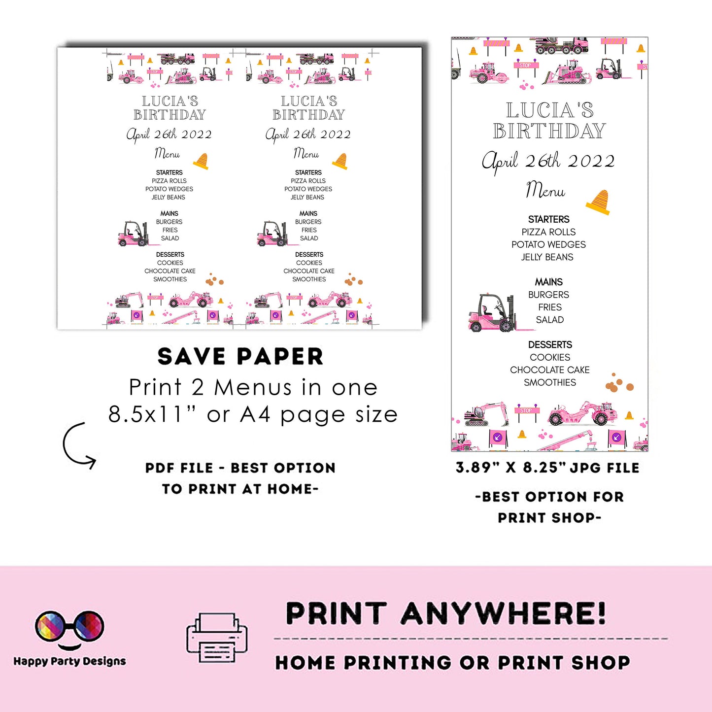 Pink Watercolor Under construction Menu Template | Trucks party | Girl | Construction birthday party | Instant Download