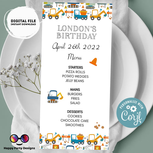 Editable Watercolor Under construction Menu Template | Trucks party | Boy | Construction birthday party | Instant Download