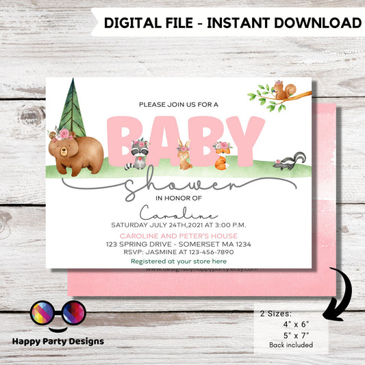 Editable watercolor woodland baby shower | Digital Bear printable invite | Baby girl | cute animals Digital | Personalize Online