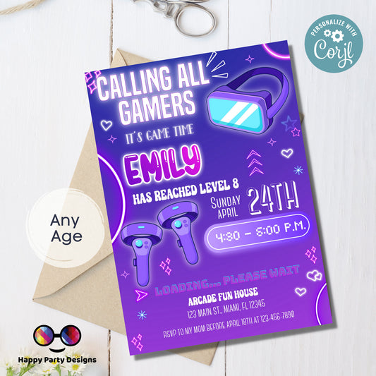 Editable video gamer invitation | Digital neon video gamer printable invite | Birthday girl | virtual reality  | neon Invitation
