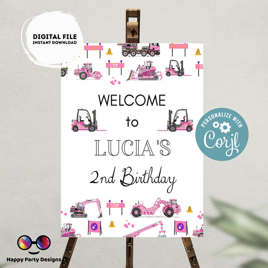 Editable Welcome Sign | pink trucks birthday | under construction birthday Decorations | birthday Girl |  Welcome Sign | Any age!