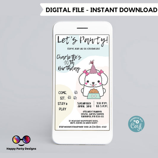 It's a Pawty Birthday Evite | Puppy Invitation | Dog Birthday invitation | Editable Electronic Puppy Invitation for iPhone or Smartphone