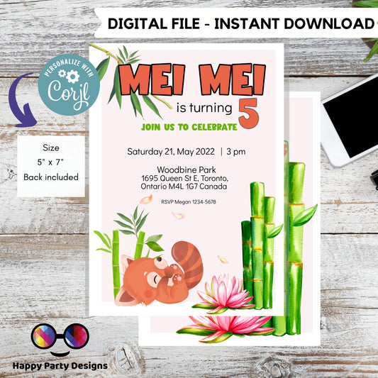 Turning five Invitations | Red Panda Invitation pink | Bamboo Invitation  | Cute red panda invite | Edit Yourself & instant download