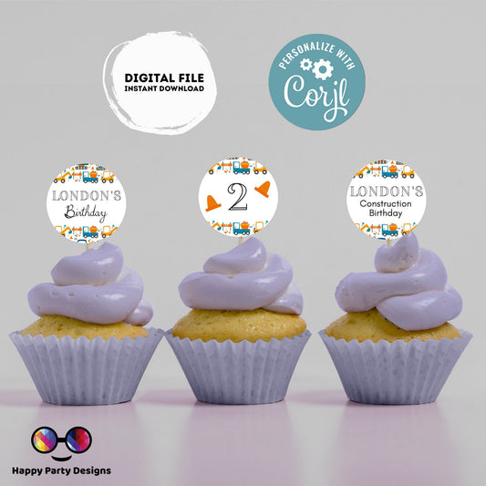 Editable Trucks Round cupcake toppers | under construction | trucks Birthday Party | Construction cupcake toppers | trucks stickers 2"