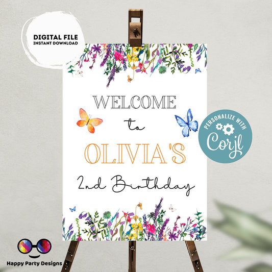 Editable Welcome Sign | Wildflower birthday | Spring birthday Decorations | baby Girl | Flower Welcome Sign | Butterfly party  #K73