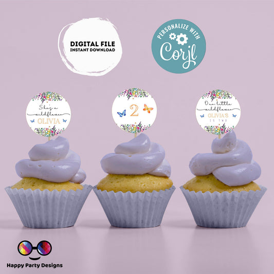 Editable Wildflower Round cupcake toppers | Little Wildflower | Garden Birthday Party | Whimsical Spring | Meadow Birthday | stickers #K73