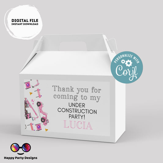 Under construction Birthday Box label | Trucks party | favor box | trucks birthday party | Girl birthday | Box to print