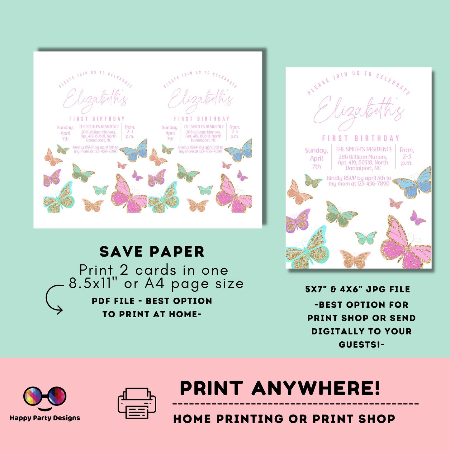 Butterfly Birthday Invitation | Butterflies | Garden Birthday Party | Pastel Butterflies | Girl Birthday | Pink Purple Butterfly #0002